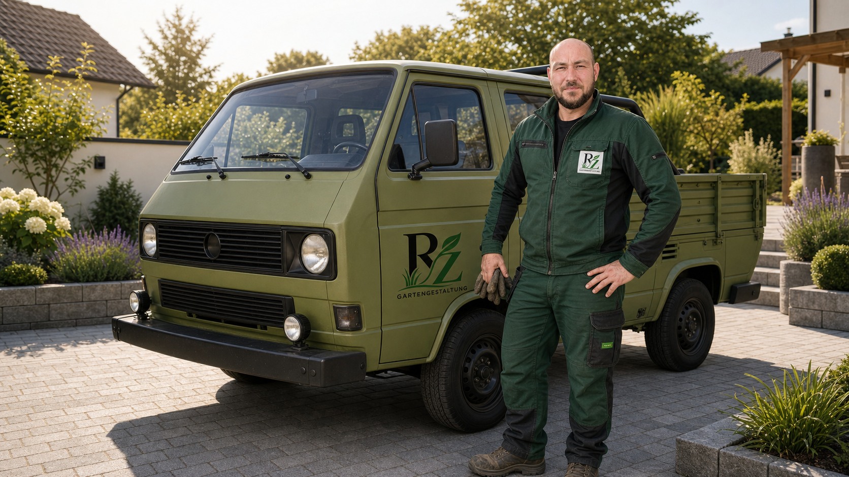 Renaldo Zörner, Inhaber von Renaldo Zörner Gartenbau aus Havixbeck, vor dem Firmenfahrzeug