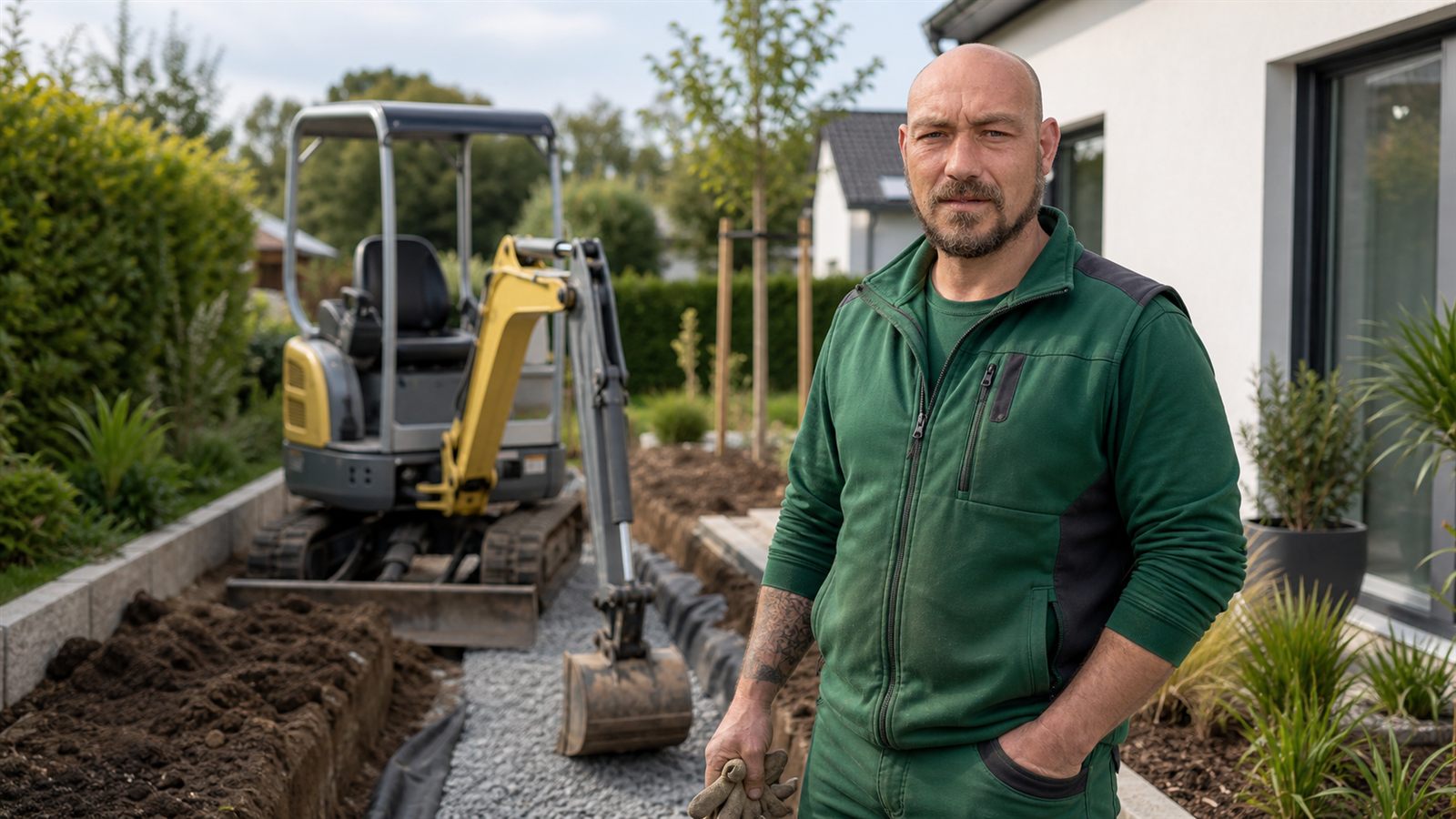 Renaldo Zörner bei Erdarbeiten zur Gartenumgestaltung mit dem Minibagger