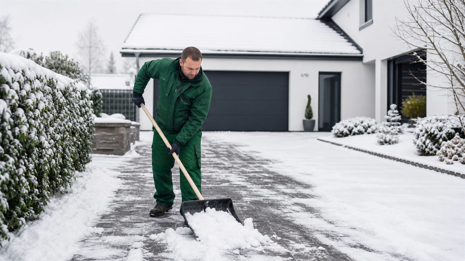 Schneeräumen einer Einfahrt im Winterdienst